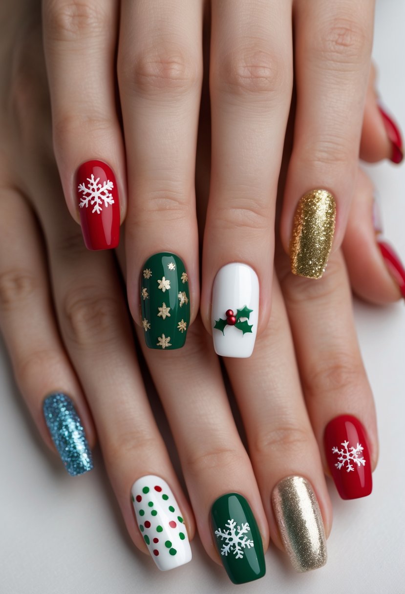 Close-up of hands displaying 17 different simple holiday-themed nail designs with festive colors and patterns.