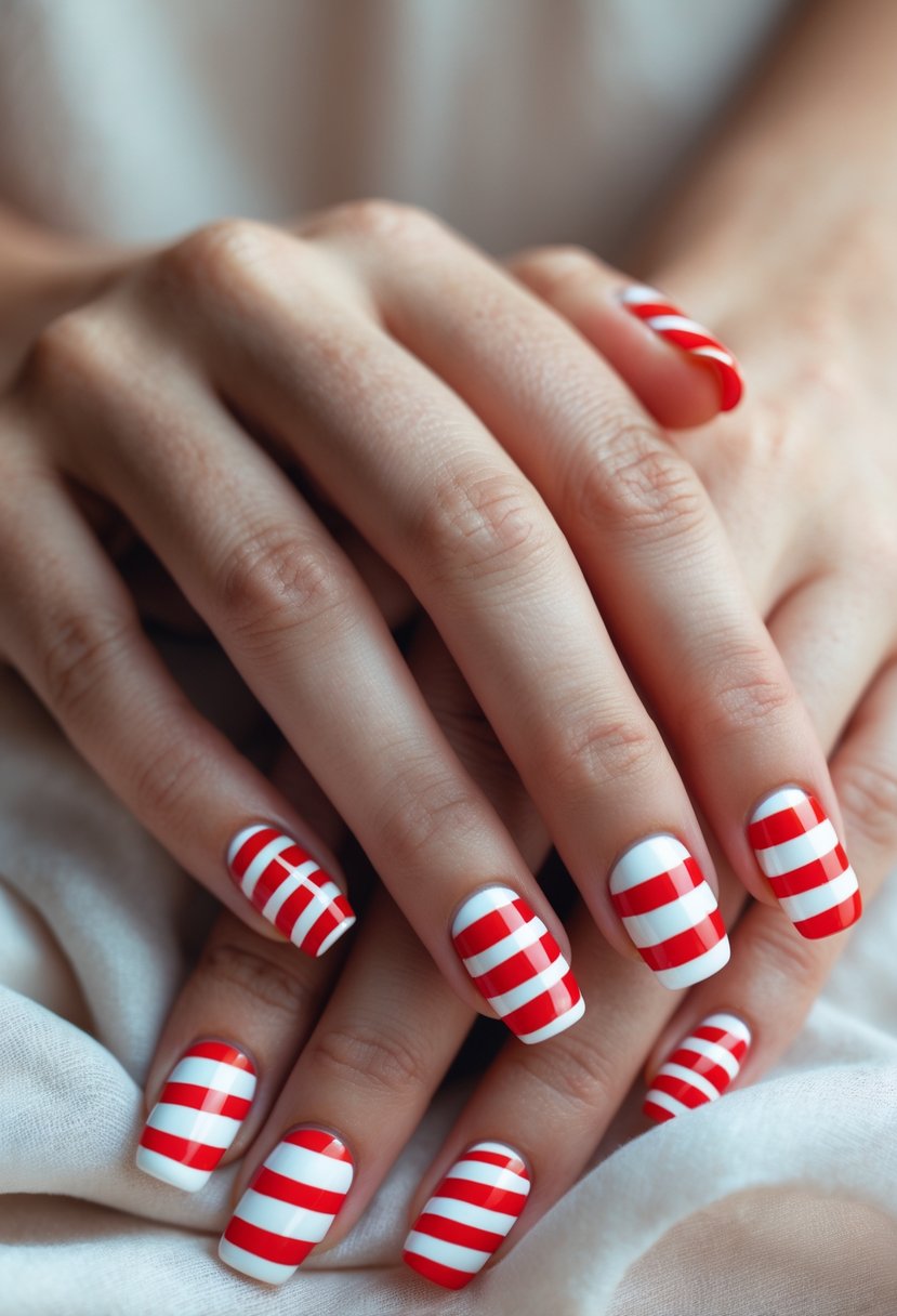 Close-up of hands with short nails painted with red and white candy cane stripes.