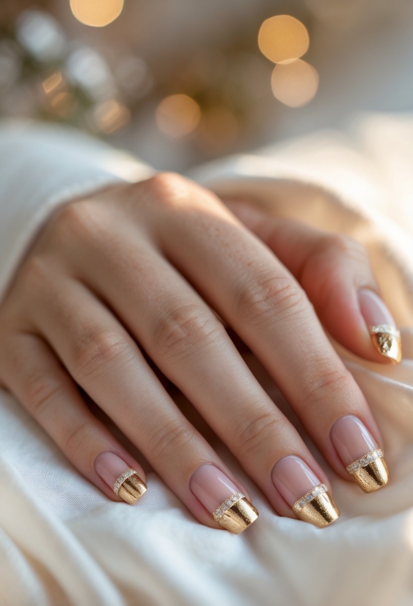 Close-up of hands with subtle gold French tip nails resting on a white surface.