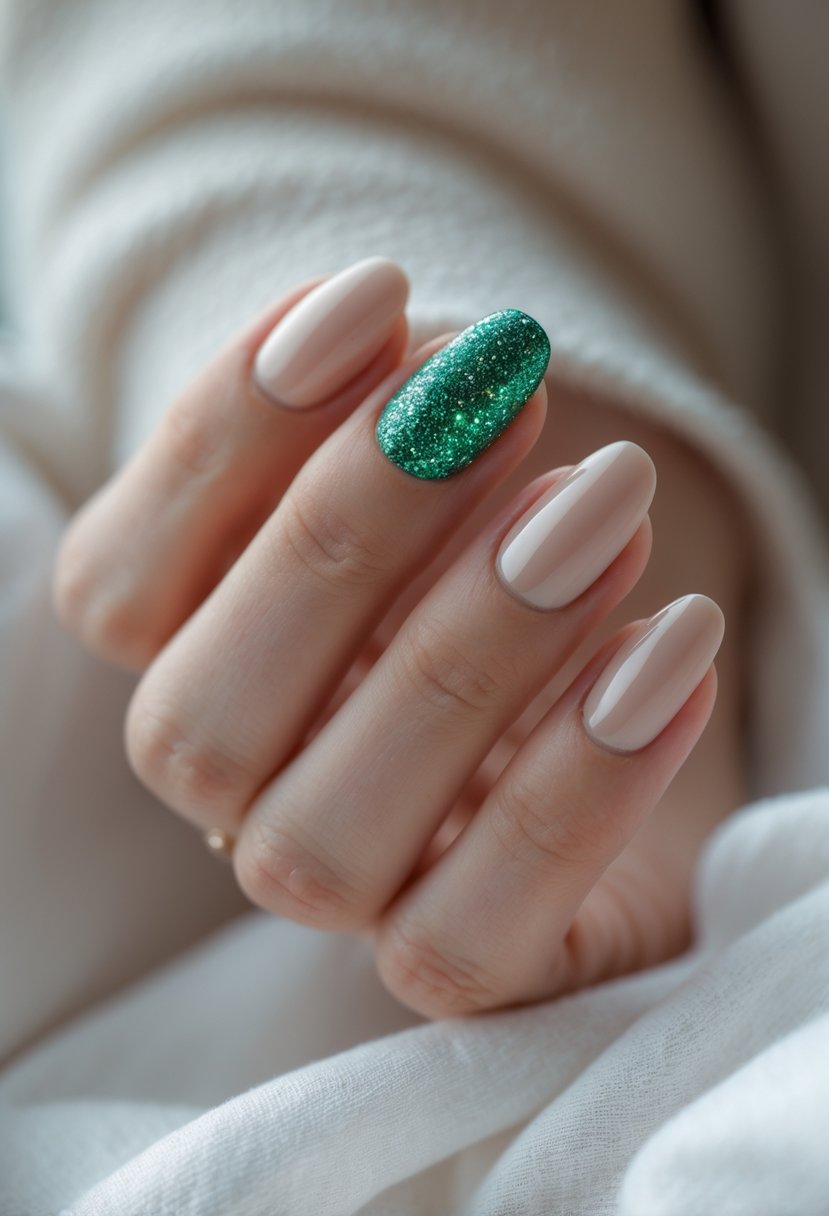 Close-up of a hand with neatly manicured nails, featuring a glittery green accent nail among neutral-colored nails.