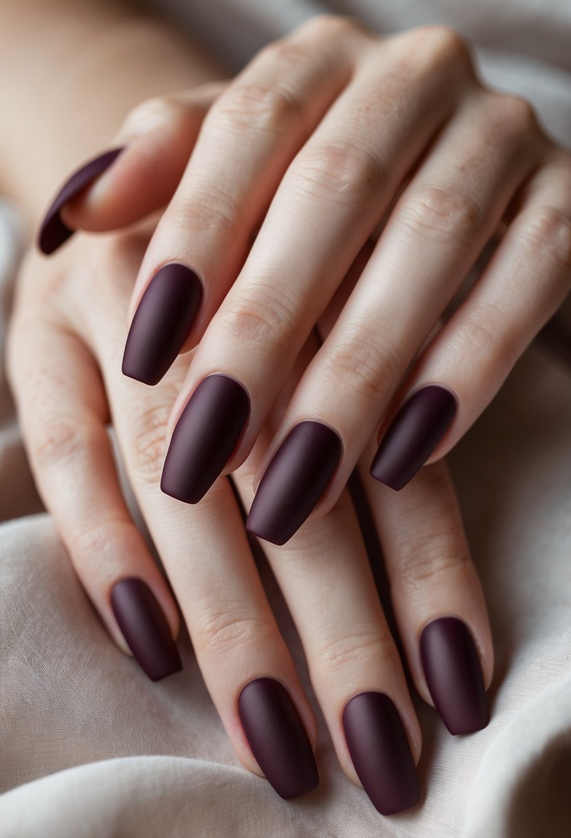 Close-up of hands showing 17 nails painted in deep burgundy matte finish.