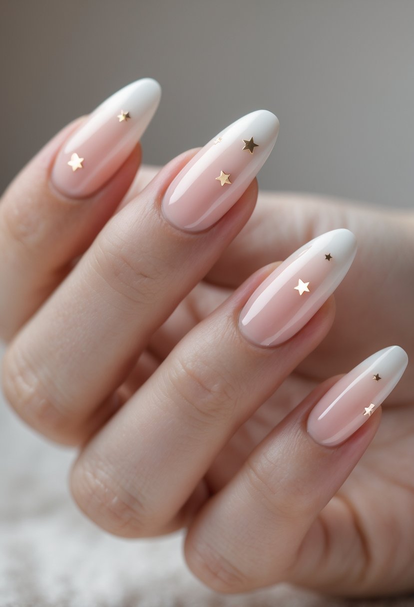 Close-up of a hand with neatly manicured nails featuring white tips and small star decorations.