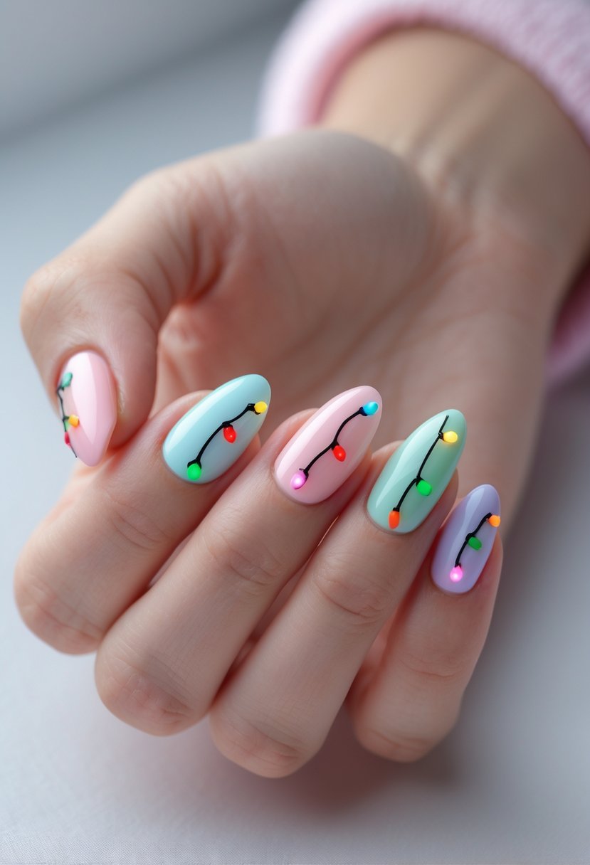 Close-up of a hand with pastel-colored nails decorated with traditional Christmas light designs.