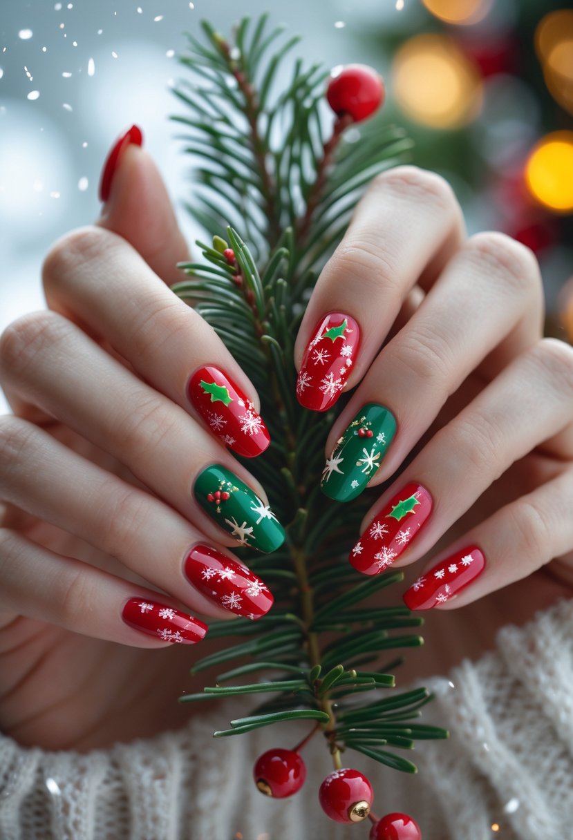 Close-up of hands with red and green Christmas-themed nails holding a pine sprig with red berries against a soft winter background.