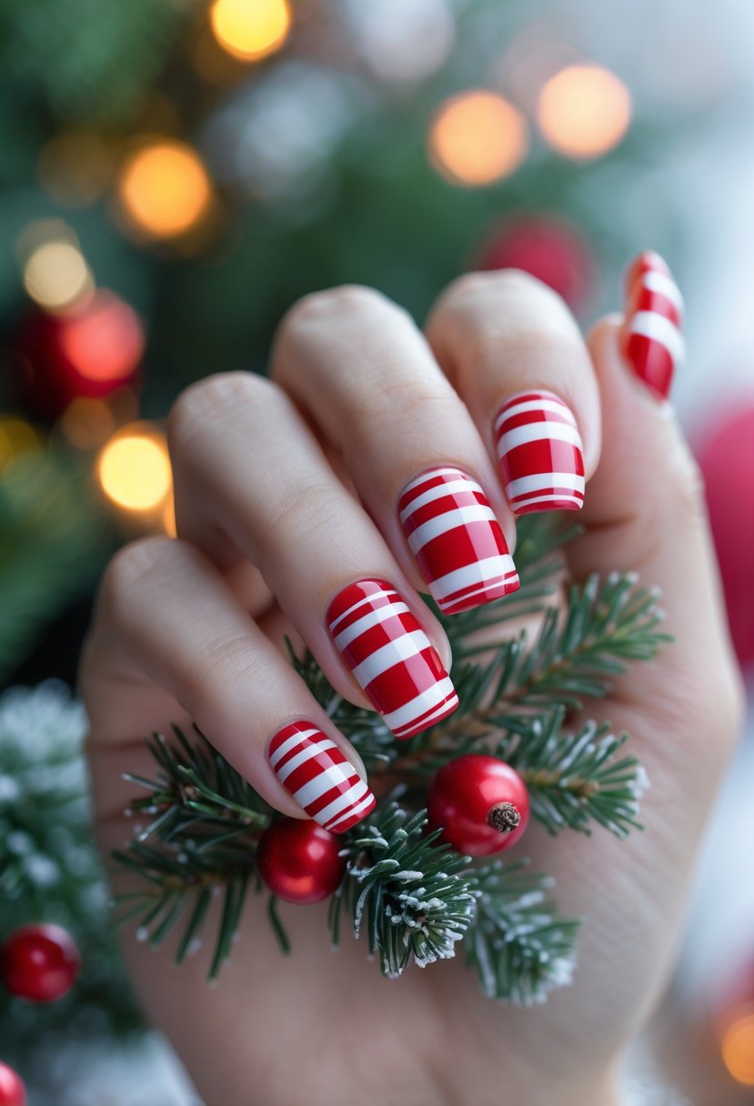 A close-up of a hand with red and white striped nails holding pine branches and red berries with soft Christmas lights in the background.