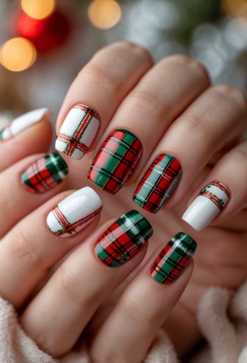Close-up of a hand with white nails and red and green plaid patterned nails.