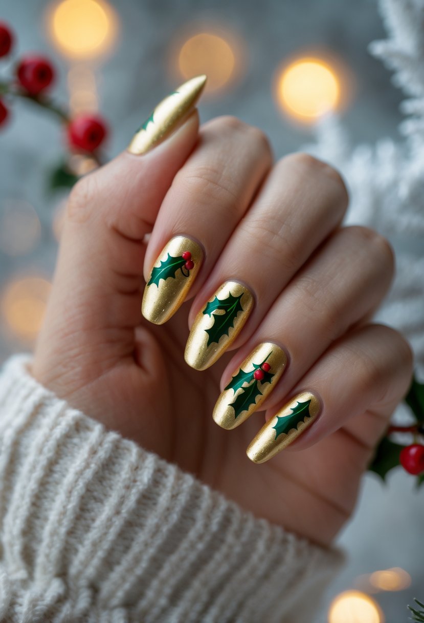 Close-up of a hand with metallic gold nails decorated with green holly leaves and red berries.