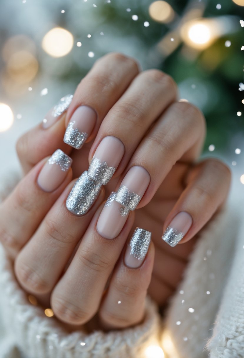 Close-up of hands with frosted white nails and silver glitter tips, decorated for the holiday season.
