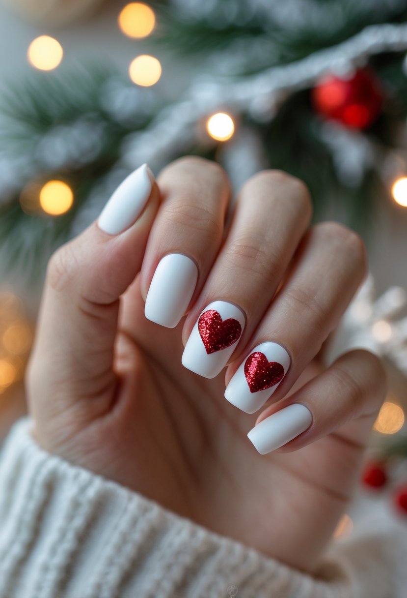Close-up of hands with matte white nails decorated with red glitter heart shapes, surrounded by soft holiday decorations.