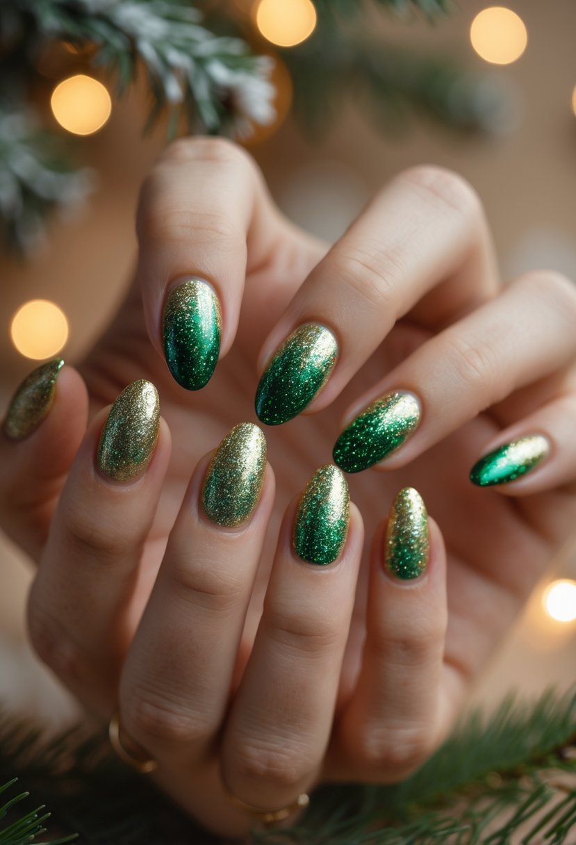 Close-up of hands with green and gold glitter gradient nails surrounded by holiday decorations.