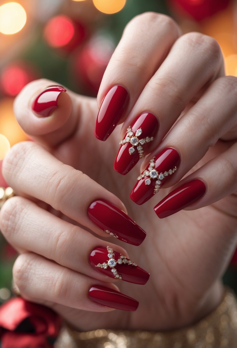 Close-up of hands with cherry red nails decorated with rhinestones.