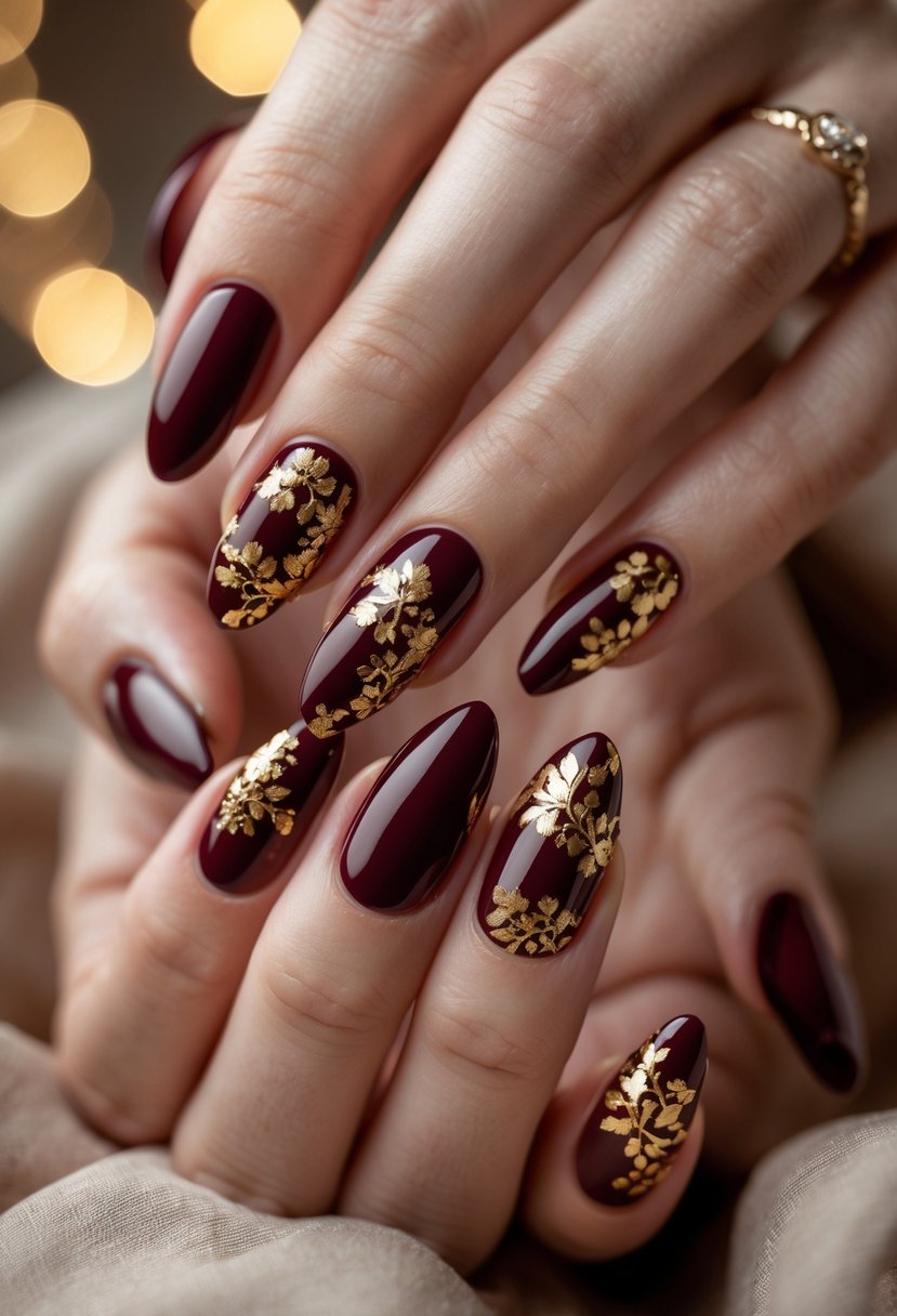 Close-up of hands with burgundy red nails decorated with gold foil accents.