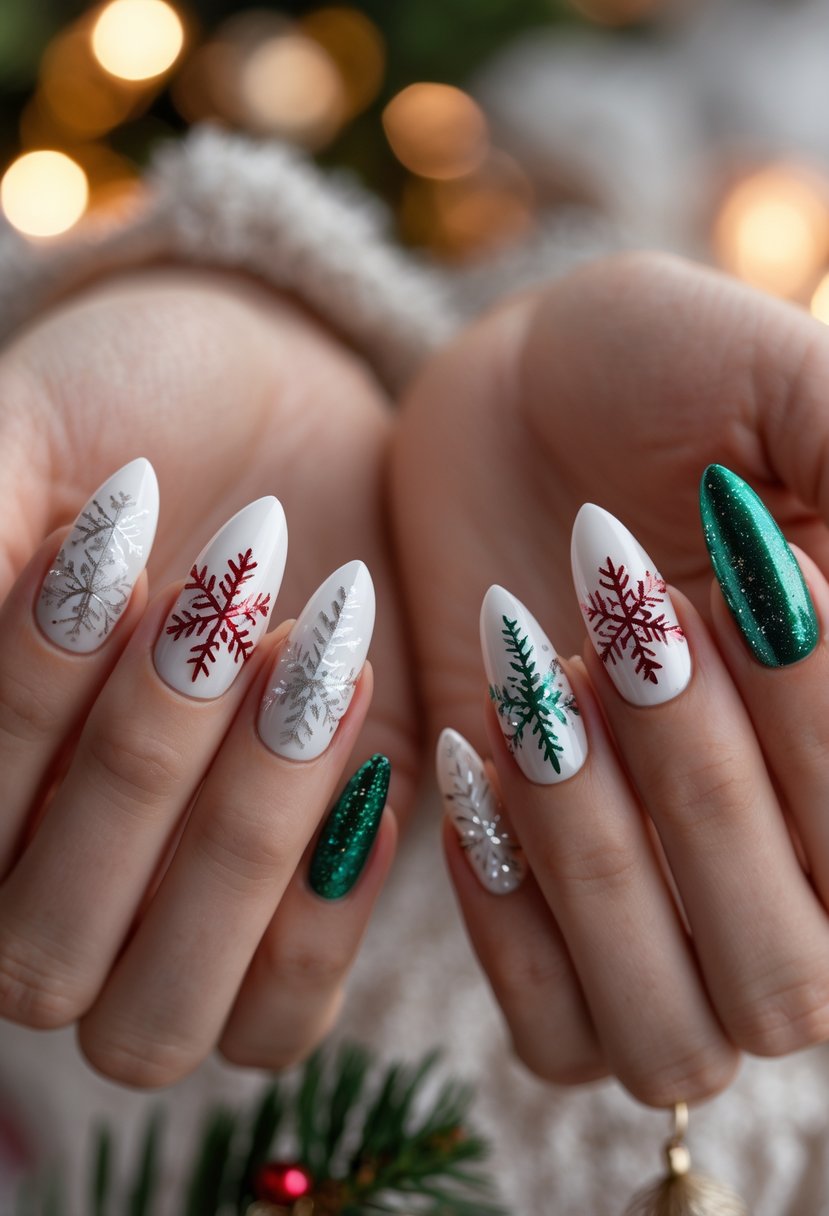Close-up of hands with almond-shaped nails decorated with detailed snowflake designs in festive holiday colors.