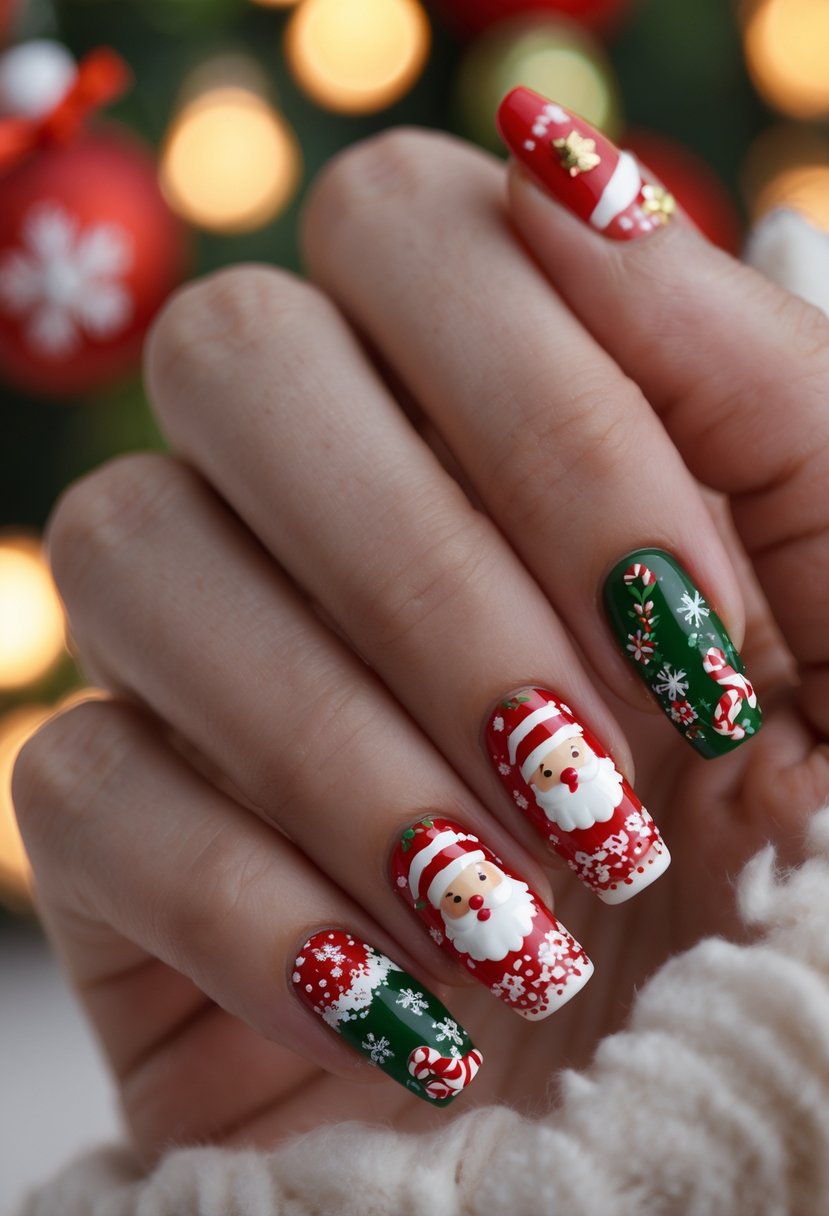 Close-up of a hand with 22 festive holiday-themed miniature nail designs inspired by Santa Claus, featuring red, white, and green colors with Christmas motifs.