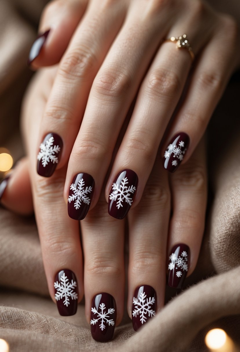Close-up of hands with burgundy nails decorated with white snowflake designs.