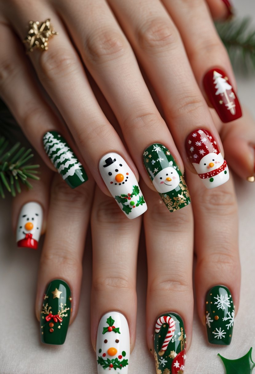 Nineteen hands showing different Christmas-themed nail designs with winter and holiday decorations.
