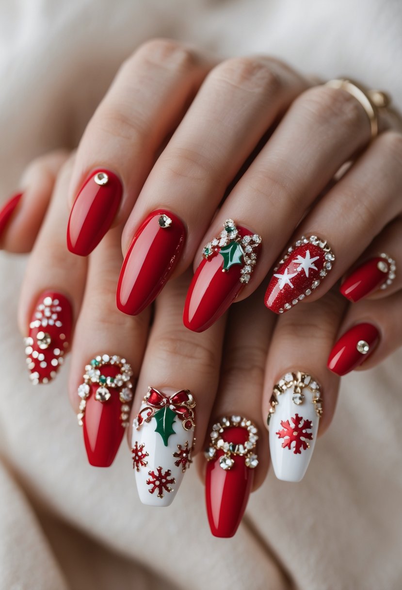 Close-up of hands with red Christmas-themed nails decorated with rhinestones in festive patterns.