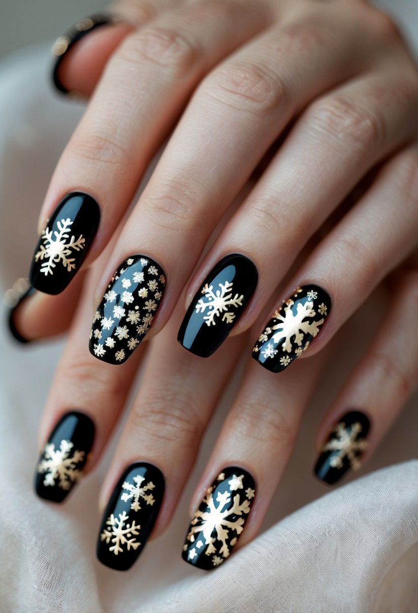 Close-up of a hand with 19 black nails decorated with gold snowflake designs.