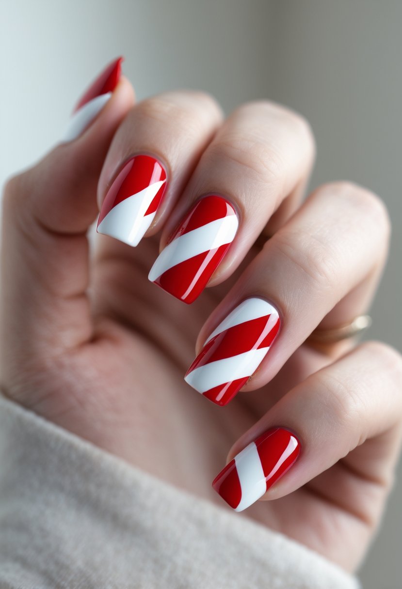 Close-up of a hand with red and white striped nails resembling candy canes.