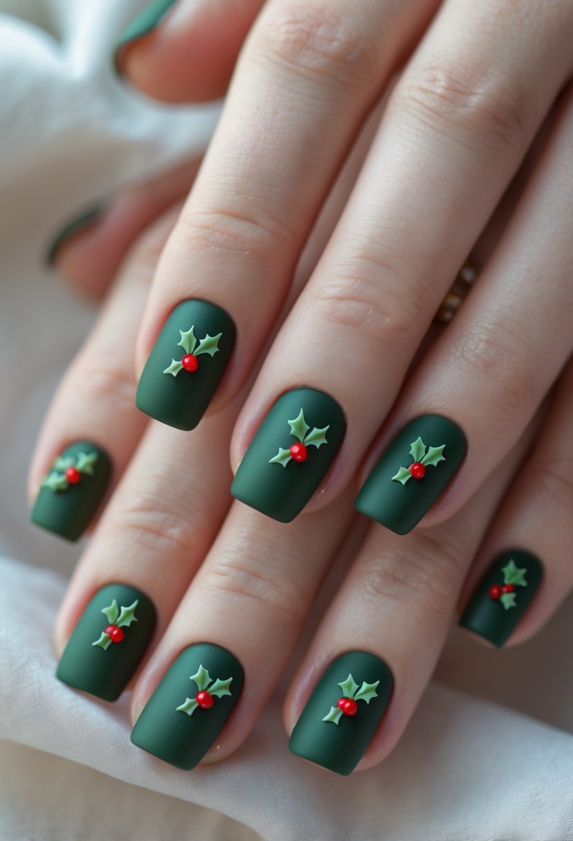 Close-up of hands with matte green nails decorated with small holly details.