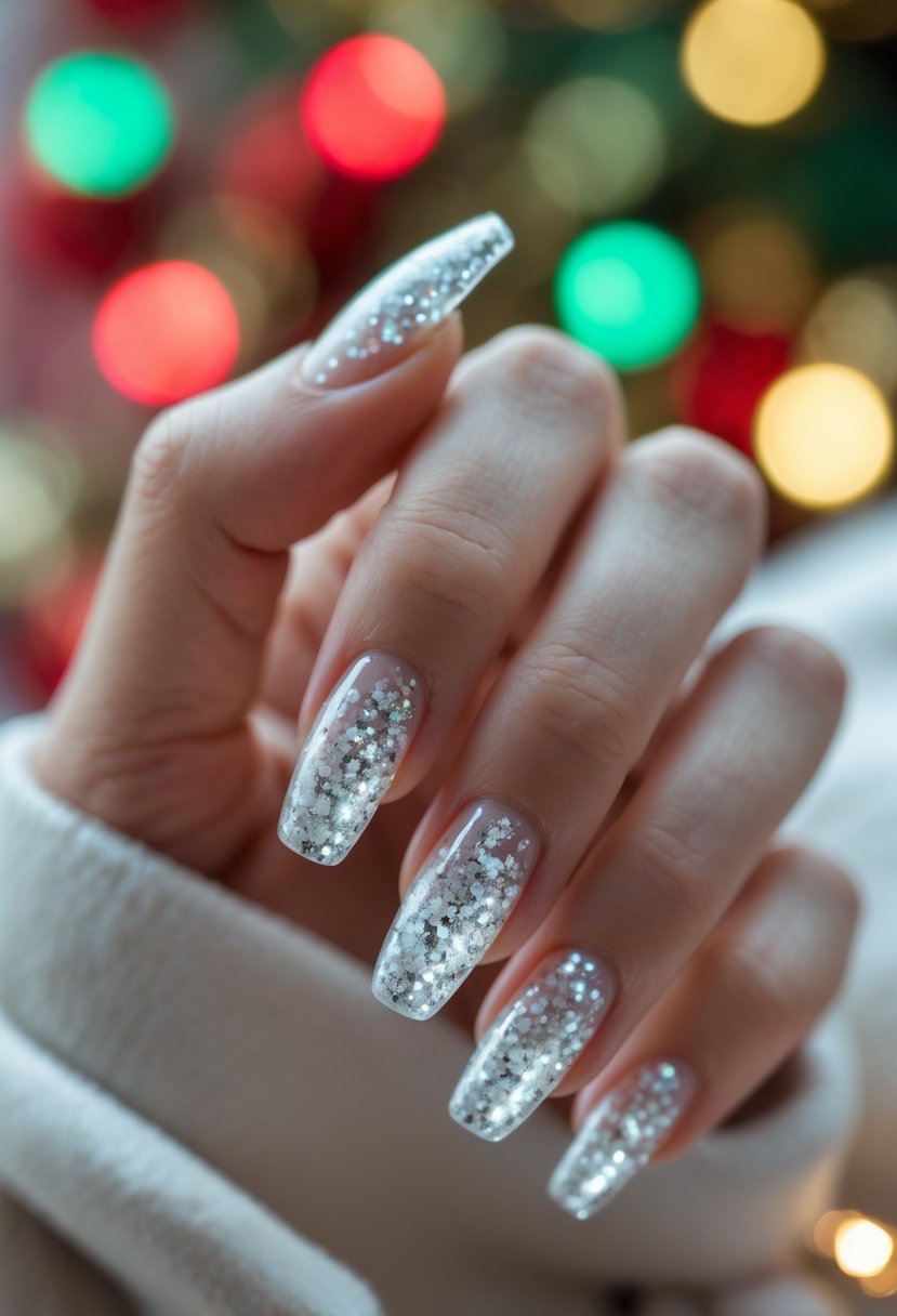 Close-up of a hand with clear nails embedded with silver glitter against a blurred festive background.