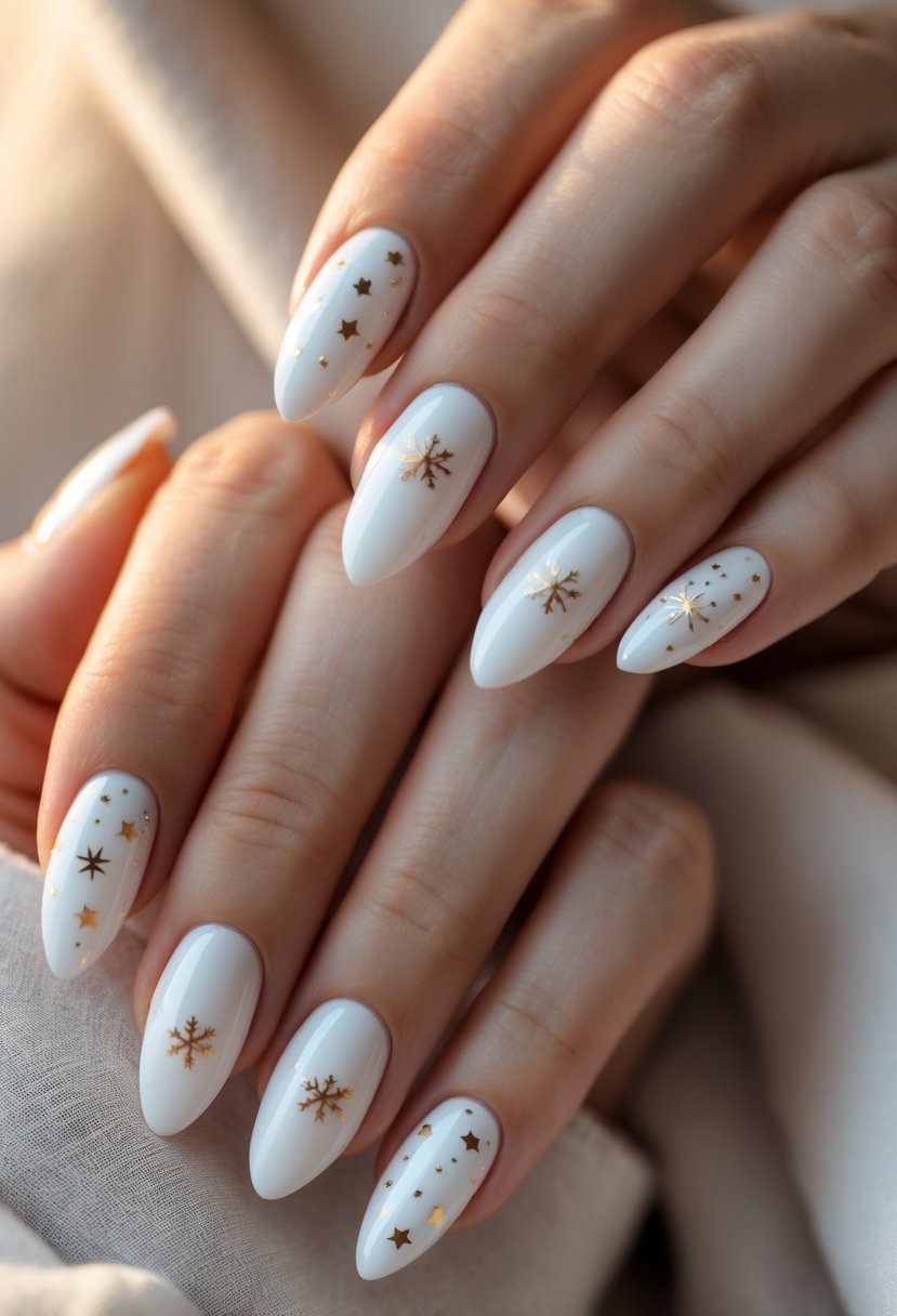 Close-up of hands with almond-shaped pearl white nails decorated with subtle Christmas-themed designs.
