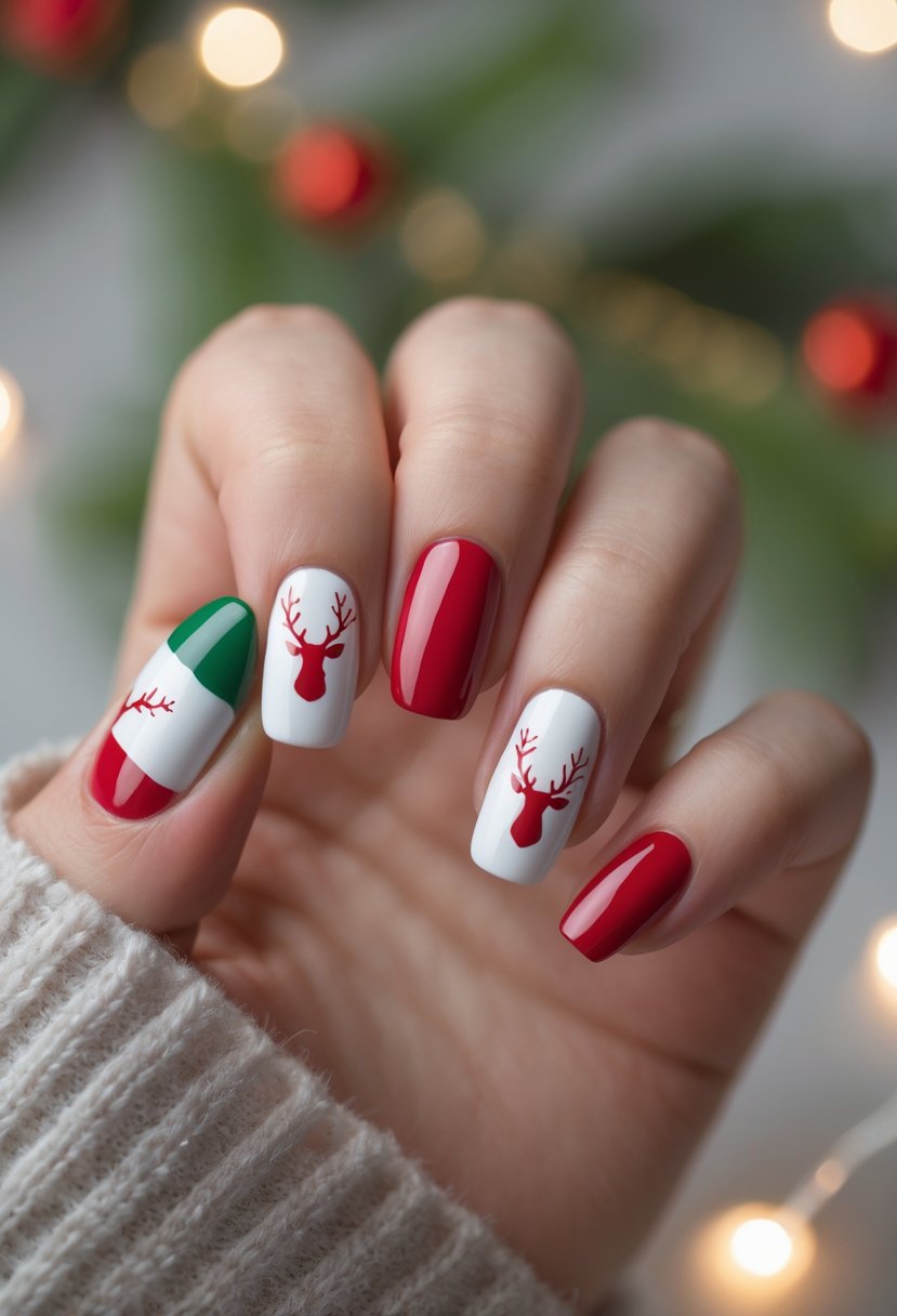 Close-up of a hand with short nails painted with Christmas-themed reindeer silhouettes.