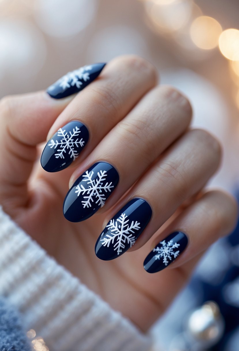Close-up of a hand with navy blue nails decorated with white snowflake designs.