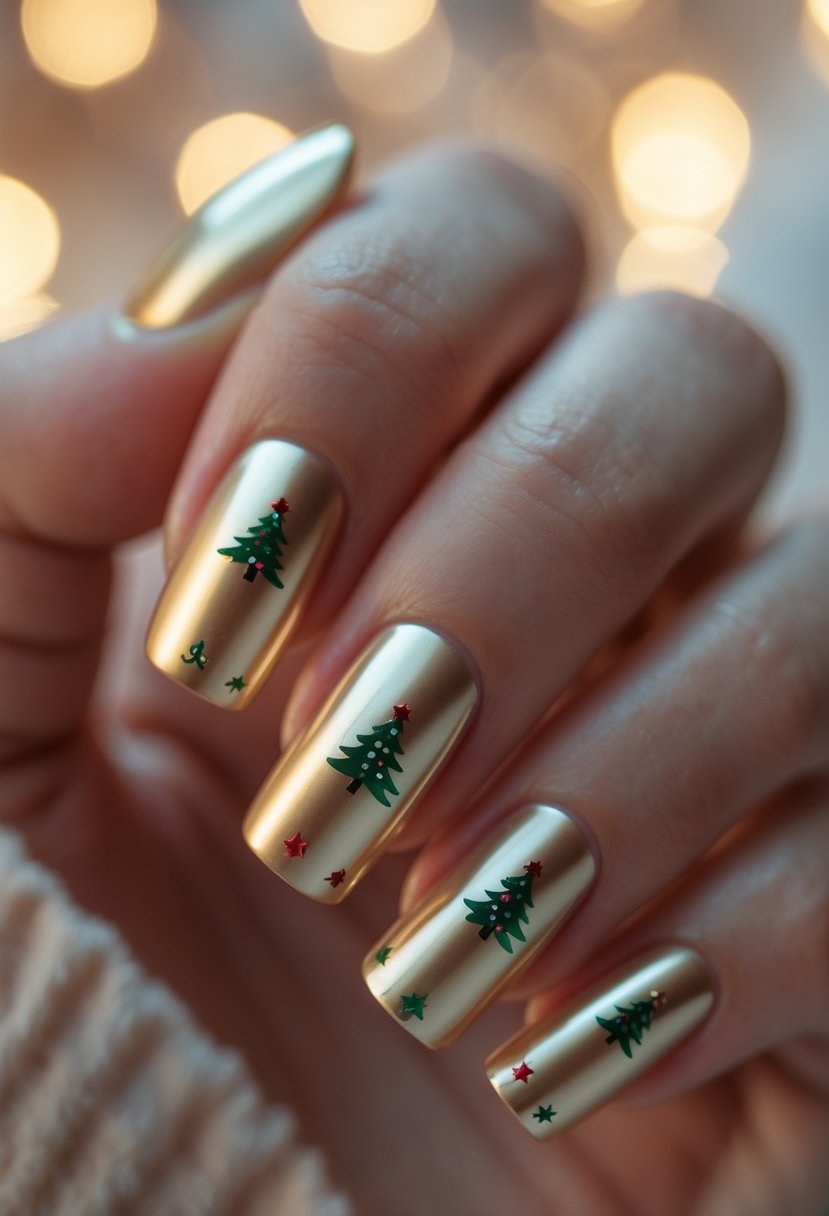 Close-up of hands with metallic gold nails decorated with small Christmas tree designs.