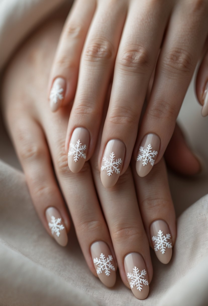 Close-up of hands with beige nails decorated with small white snowflakes.