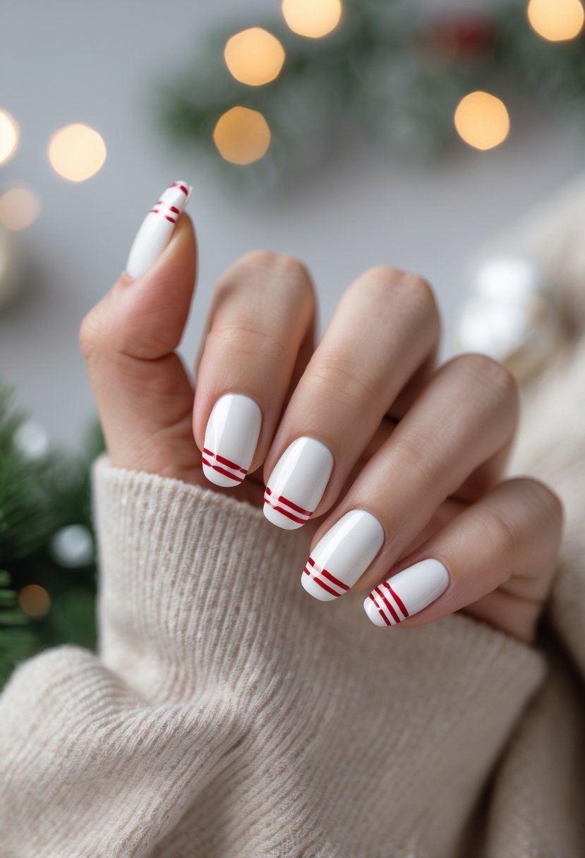 Close-up of hands with white nails featuring red and white striped tips shaped like candy canes.