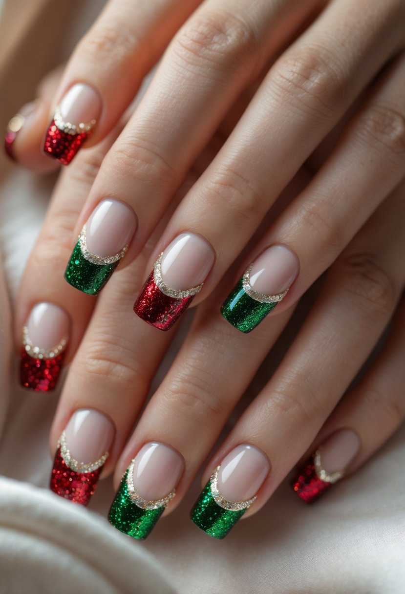 Close-up of hands with manicured nails featuring white tips and sparkling Christmas glitter accents.