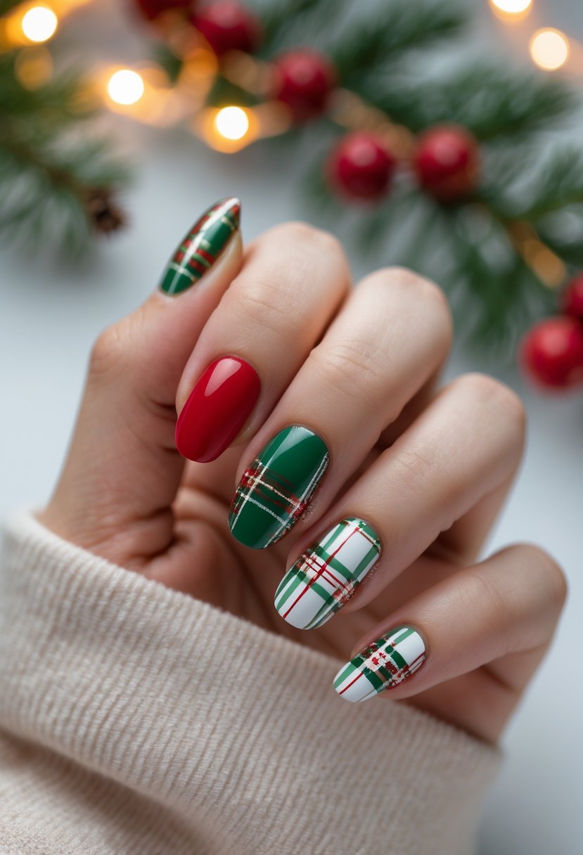 Close-up of a hand with festive plaid patterned accent nails in Christmas colors against a soft background with holiday decorations.